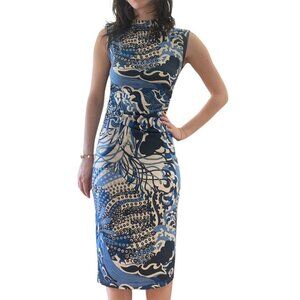 Blue and white ruched midi dress, size s